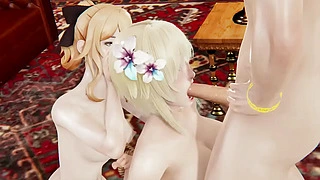 Genshin Impact Hentai - Lumine Blowjob to Zhong Lee Helping by Jean - Japanese Asian Manga Anime Cartoon Game Porn Video Animation